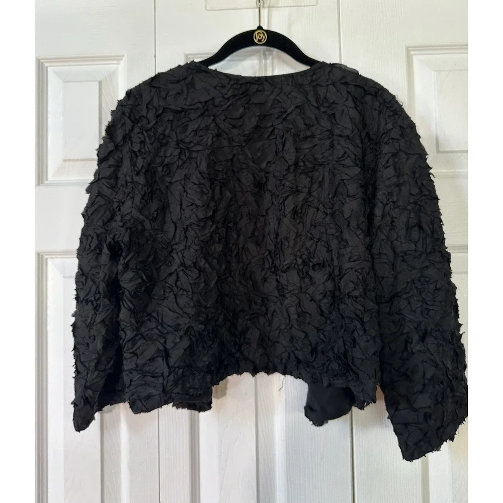 Eileen Fisher Black Textured Crinkle 100% Silk Cropped Jacket sz L